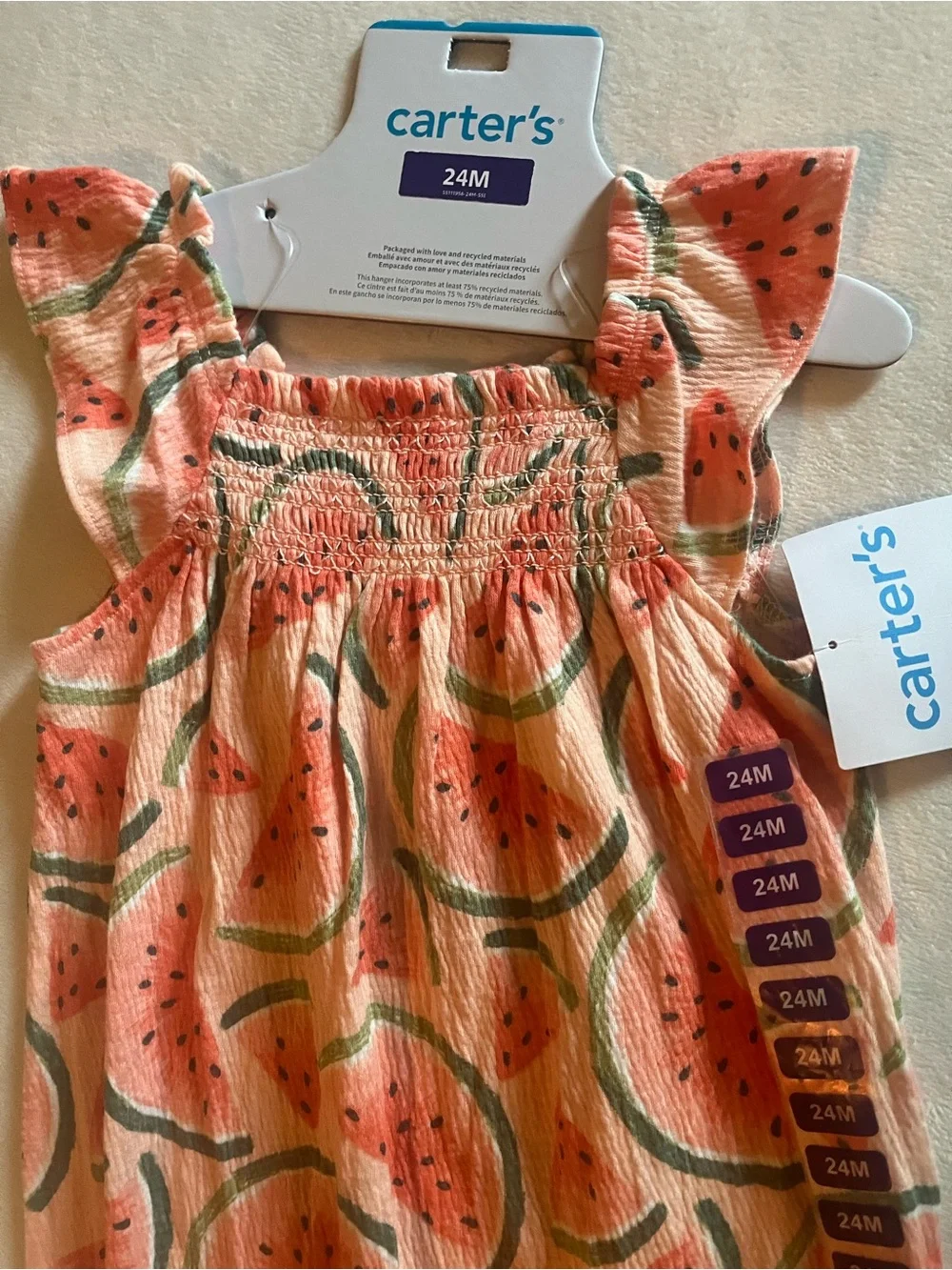 Carter's Peach and Green Watermelon Print Romper 24M
